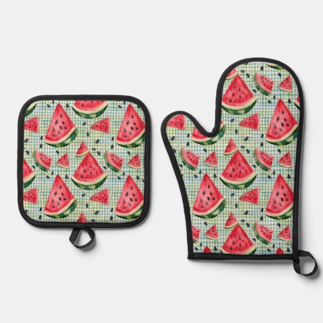 Picnic Patch Watermelon - Wasserfarbene Ofenhandschuh & Topflappen-Set (Vorderseite)