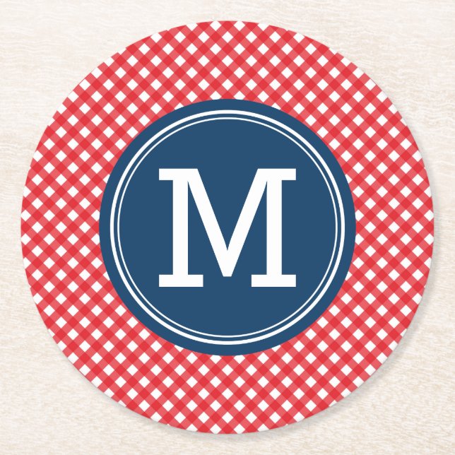 Picnic Red Country Gingham Personalization Monogra Runder Pappuntersetzer (Vorderseite)