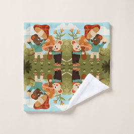 picnic scene with animals in hats and overalls waschlappen