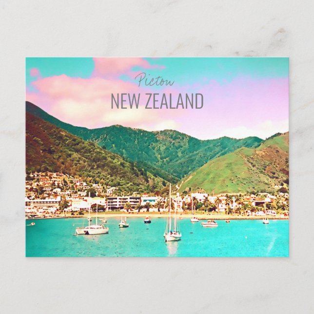 Picton Harbour New Zealand Reise Postkarte (Vorderseite)