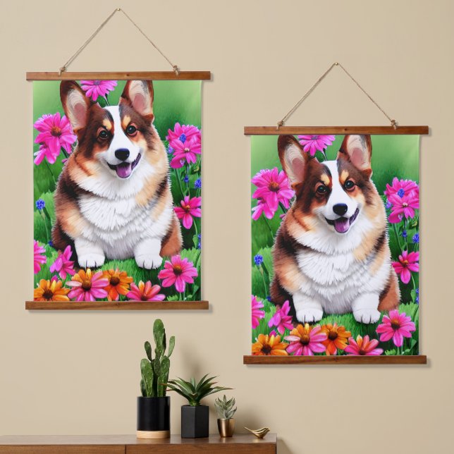 Picturesque Floral Corgi Wandteppich Mit Holzrahmen (Asymmetrisch)