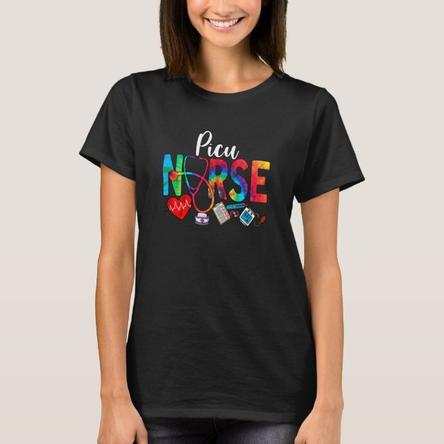PICU Nurse Tie Dye Love Heart Stethoscope RN Nurse T-Shirt (Vorderseite)