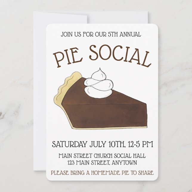 Pie Social Party Dessert Bake Sale Chocolate Slice Einladung (Vorderseite)