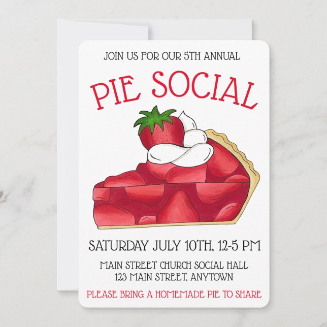 Pie Social Party Dessert Bake Sale Erdbeere Einladung (Vorderseite)