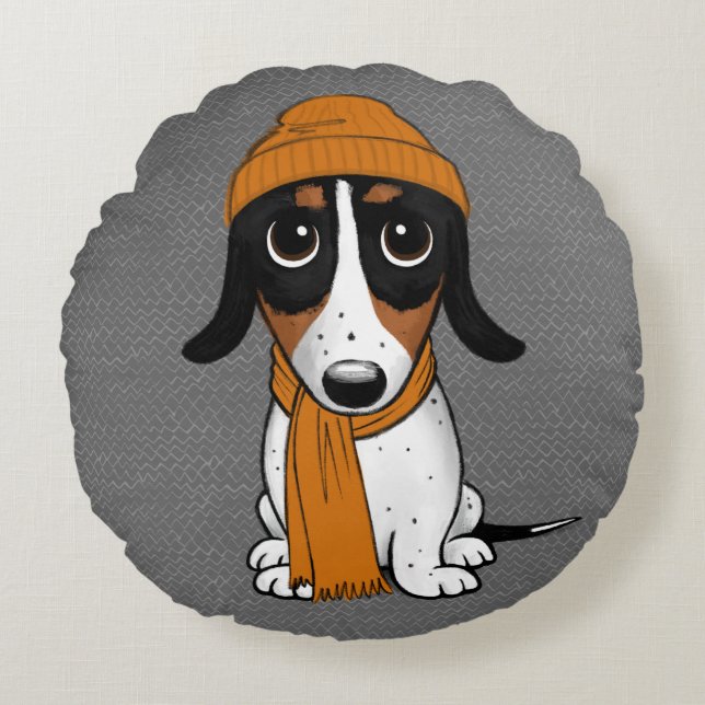 Piebald Dackel Niedlicher Hipster Hundekissen Rundes Kissen (Vorderseite)