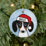 Piebald Dackel Santa Dackel Hund Individuelle Name Keramik Ornament<br><div class="desc">Ein bezauberndes piebaldfarbenes Weihnachtsschmuck, das mit dem eigenen Text personalisiert werden kann. Fügen Sie einen Namen für ein lustiges individuelles Geschenk hinzu. Schmuckstücke, die auf dem Weihnachtsbaum noch für viele Jahre ausgestellt werden. Besuchen Sie Jenn’s Doodle World für noch mehr Urlaubsgeschenke mit diesem niedlichen Dackel Hund Design und Hunde züchten...</div>