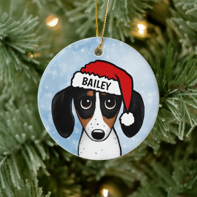 Piebald Dackel Santa Dackel Hund Individuelle Name Keramik Ornament (Baum)