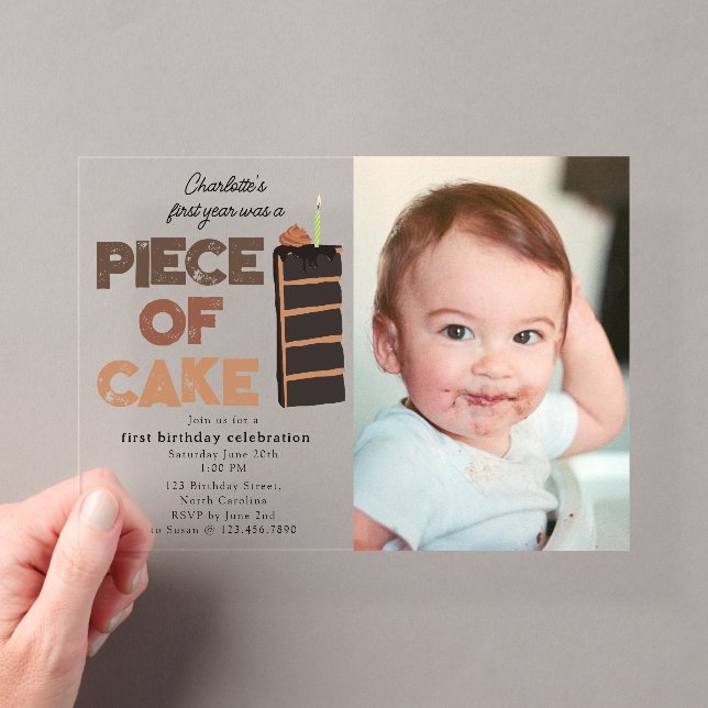Piece of Cake Invite 1st  First Birthday Photo Acryleinladungen (Insitu (Handheld))