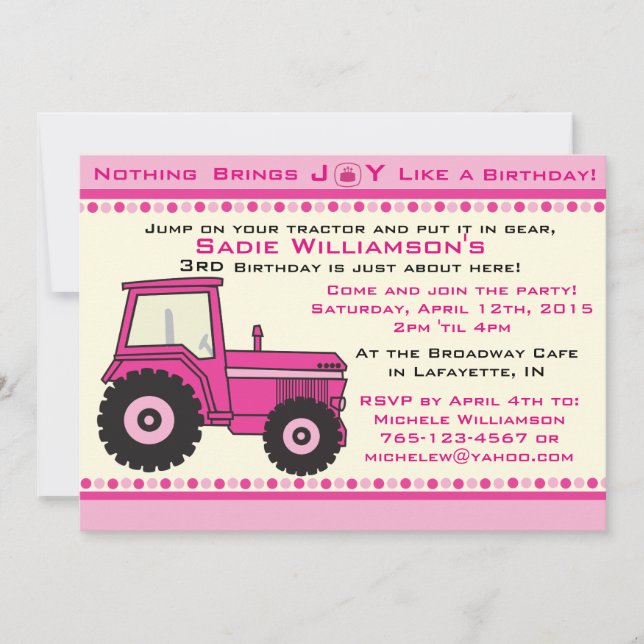 Pièce rose Tracteur Anniversaire Fête Invitation (Devant)
