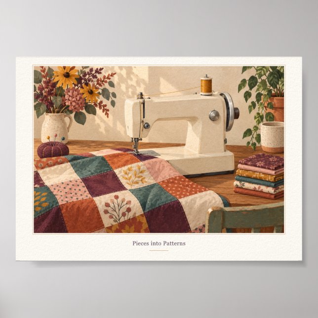 Pieces into Patterns Quilting Studio Art Print Poster (Vorne)