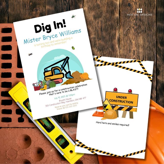 Pied En Construction Invitation Anniversaire (Gear up and dig in with this fun-filled construction-themed invitation.)