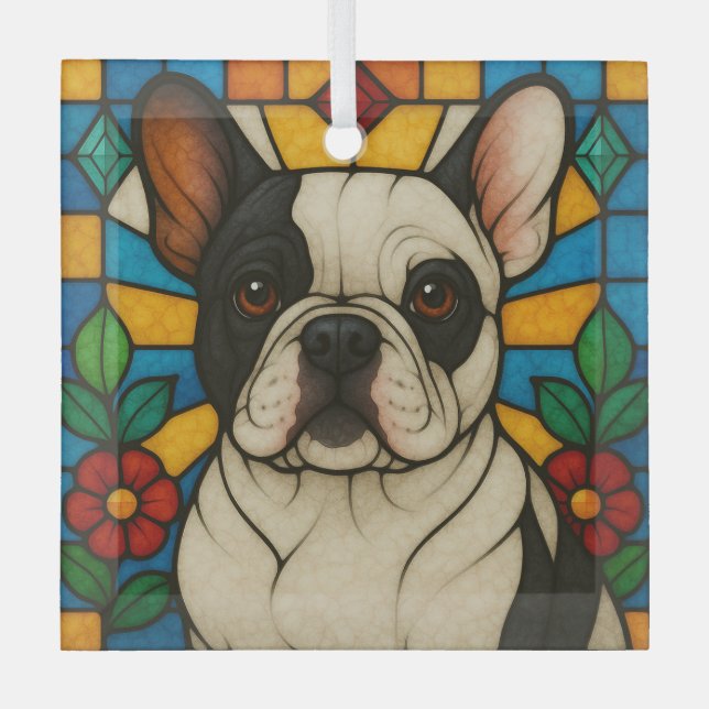 Pied French Bulldog Dog "Stains Glass" Ornament Aus Glas (Vorderseite)