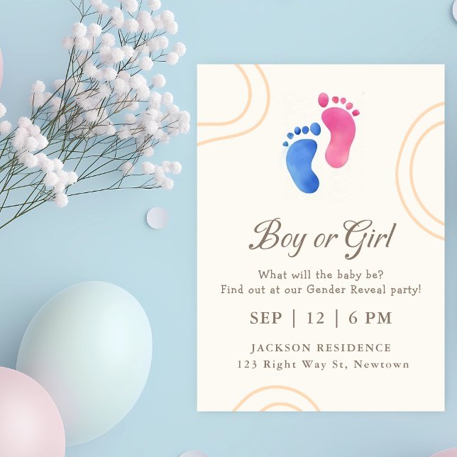 Pieds Bébé Bleu et Rose Genre Reveillez Invitation (Créateur téléchargé)