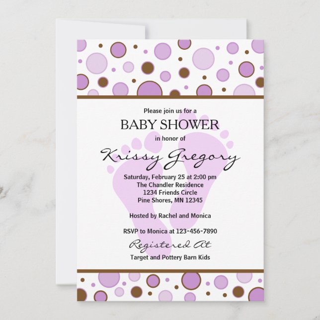 Pieds et points Purple Baby Shower Invitations (Devant)