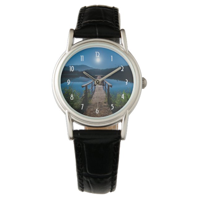 Pier bei Nacht unter Vollmond Armbanduhr (Vorderseite)