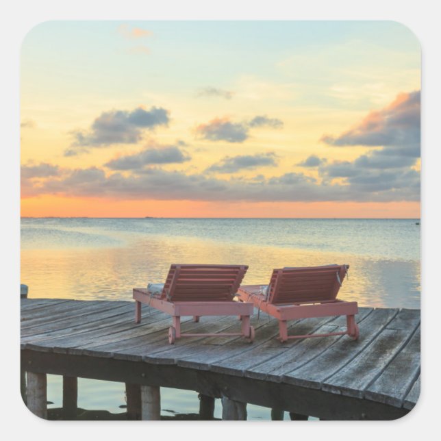 Pier mit Meerblick, Belize Quadratischer Aufkleber (Vorderseite)