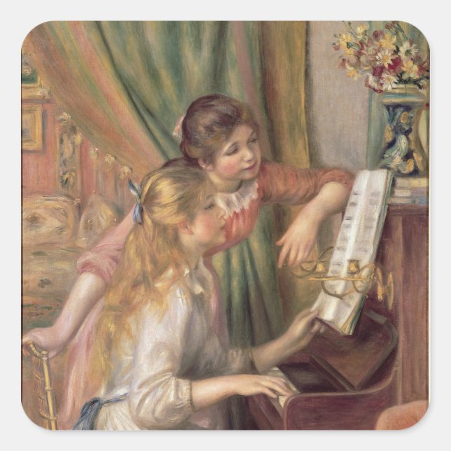 Pierre A Renoir | Junge Mädchen am Klavier Quadratischer Aufkleber (Vorderseite)