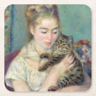 Pierre-Auguste Renoir - Frau mit einer Katze Rechteckiger Pappuntersetzer