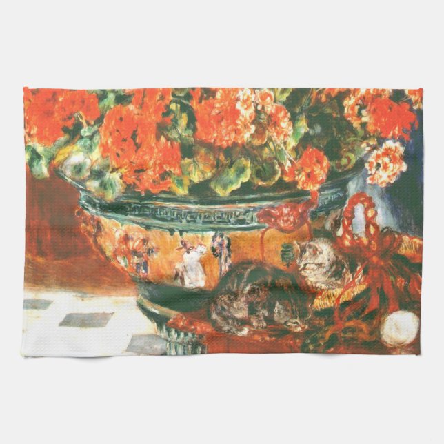 Pierre-Auguste Renoir Geraniums and Cats Geschirrtuch (Horizontal)