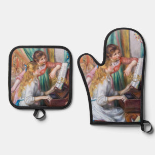 Pierre Auguste Renoir - Junge Mädchen am Klavier Ofenhandschuh & Topflappen-Set