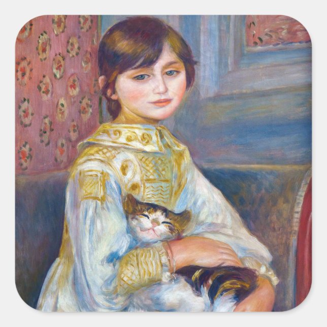 Pierre-Auguste Renoir - Kind mit Katze Quadratischer Aufkleber (Vorderseite)