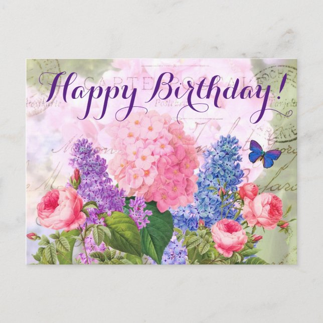 Pierre Redoute Blume Happy Birthday Postcard Postkarte (Vorderseite)