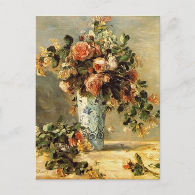 Pierre Renoir- Rose und Jasmine in einer Delft-Vas Postkarte (Vorderseite)