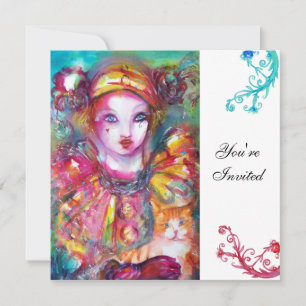 PIERROT MIT KATZE / Mardi Gras Maskenball Einladung