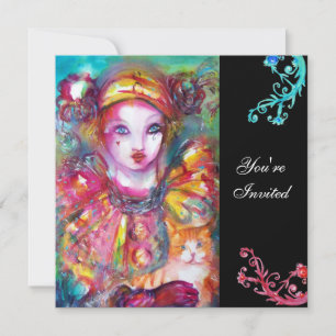PIERROT MIT KATZE / Mardi Gras Maskenball Einladung