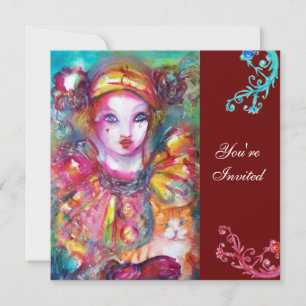 PIERROT MIT KATZE / Mardi Gras Maskenball Einladung
