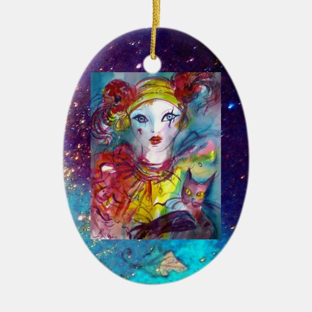 PIERROT MIT KATZE/Venezianischen Maskenmasken Keramik Ornament (Vorne)