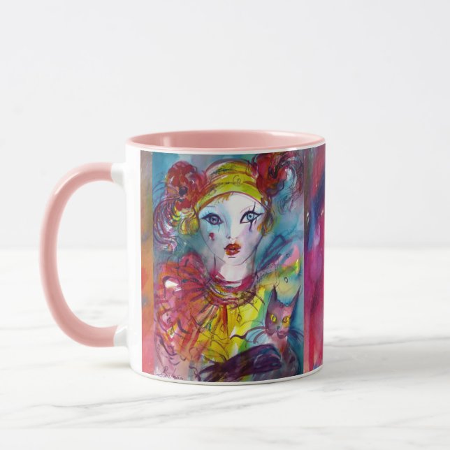 PIERROT MIT KATZE/Venezianischen Maskenmasken Tasse (Links)
