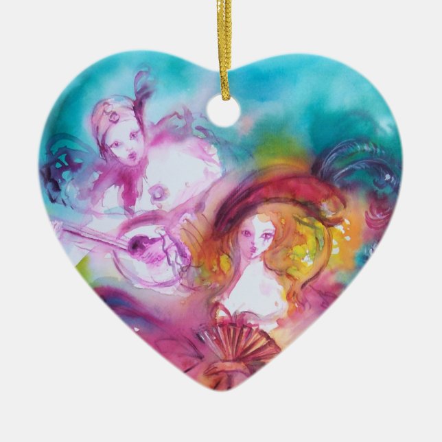 PIERROT UND ARLECCHINA / Valentinstag Herz Keramikornament (Vorne)