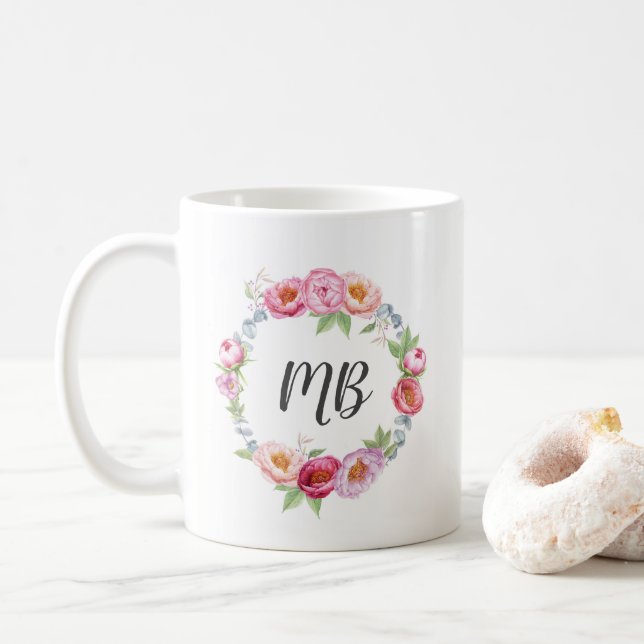 Pies florales courre aquarelle Monogramme mug (Avec donut)