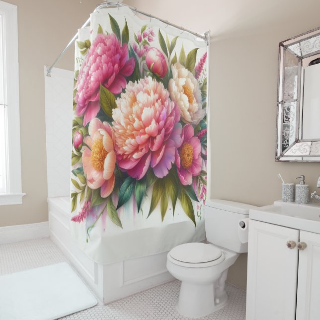 Pies florissantes rideau de douche à fleurs rose (En situation)
