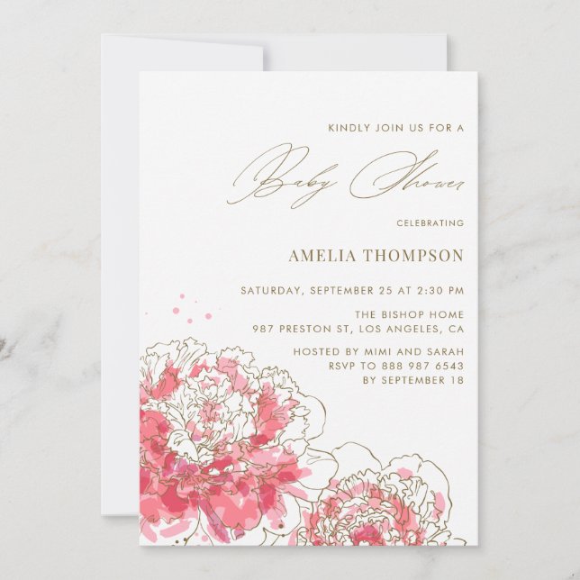 Pies roses | Invitation au Baby shower floral (Devant)