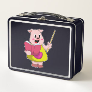 Pig als Lehrer mit Buch Metall Brotdose