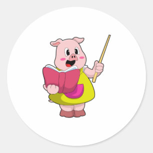 Pig als Lehrer mit Buch Runder Aufkleber