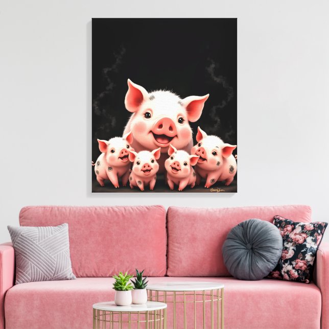 Pig Artwork – Mother Pig & Piglets Leinwanddruck (Insitu (Wohnzimmer))