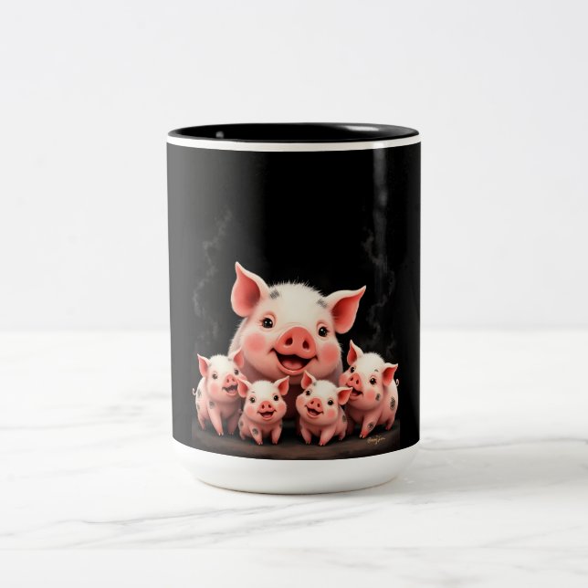 Pig Artwork – Mother Pig & Piglets Zweifarbige Tasse (Mittel)