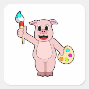 Pig beim Anmalen mit Pinsel und Farbe Quadratischer Aufkleber
