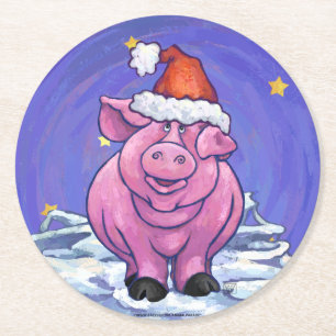 Pig Christmas Runder Pappuntersetzer
