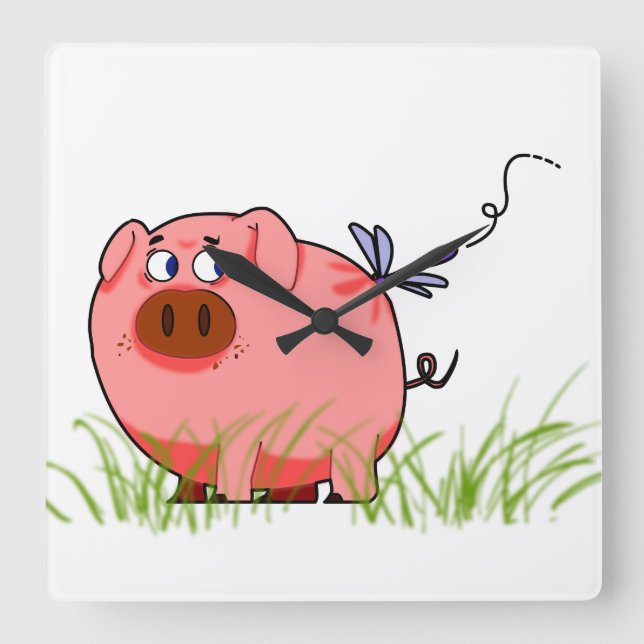 Pig Dragonfly Clock Quadratische Wanduhr (Vorderseite)