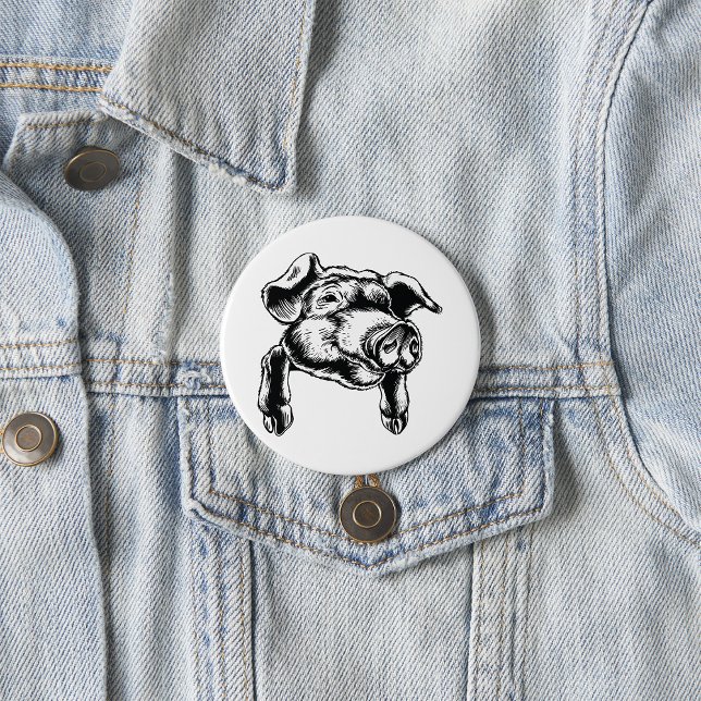 Pig Head Farm Animal Drawing in Black White Button (Von Creator hochgeladen)