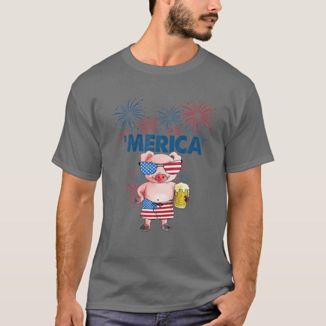 Pig Merica 4th of July American Flag Drink Liebe T-Shirt (Vorderseite)