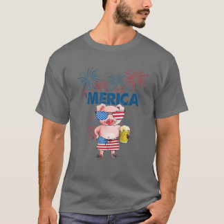 Pig Merica 4th of July American Flag Drink Liebe T-Shirt