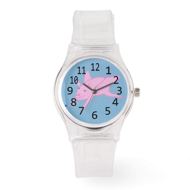 Pig rose volant sur le bleu, montres numérotées (Recto)