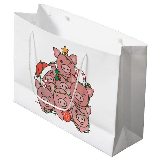Pig Weihnachtsbaum Funny Animal Christmas Large Gi Große Geschenktüte (Vorderseite Schrägansicht)