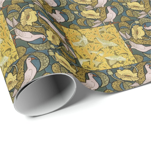 Pigeon Blue Yellow Fish Art Nouveau Geschenkpapier (Rolleneckpunkt)