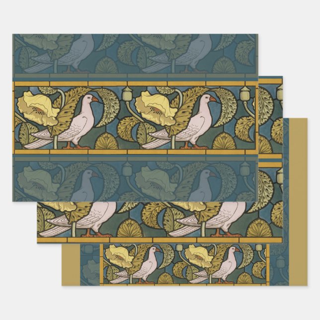 Pigeon Blue Yellow Fish Art Nouveau Geschenkpapier Set (Set)